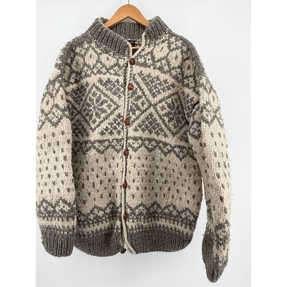 Caravan Hand Knit Wool Cardigan Mens XL Grey Cream Fair Isle Button Sweater